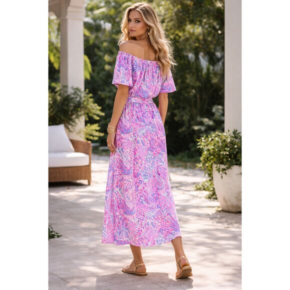 Lilly Pulitzer Moriah Off Shoulder Midi Dress S Preppy Coastal Resort Boho - Picture 3 of 16